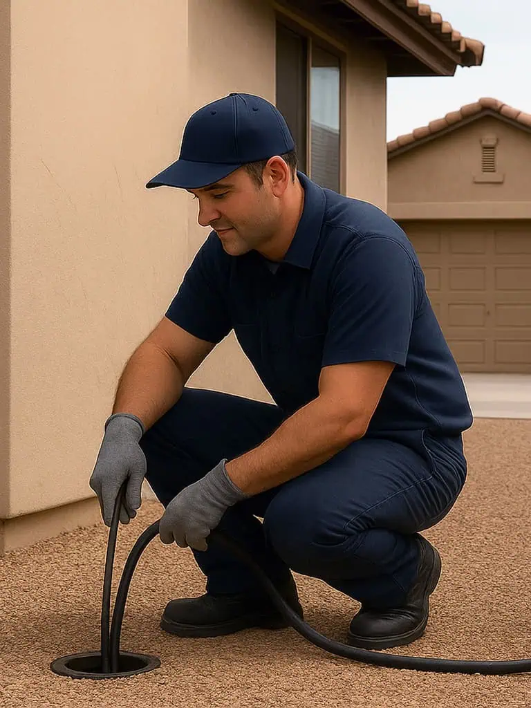 Professional drain cleaning and hydro jetting service technician clearing clogged drains in Gilbert Chandler Mesa Arizona kitchen bathroom