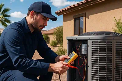 Emergency HVAC technician in Arizona responding to broken AC unit during extreme summer heat with professional tools and equipment