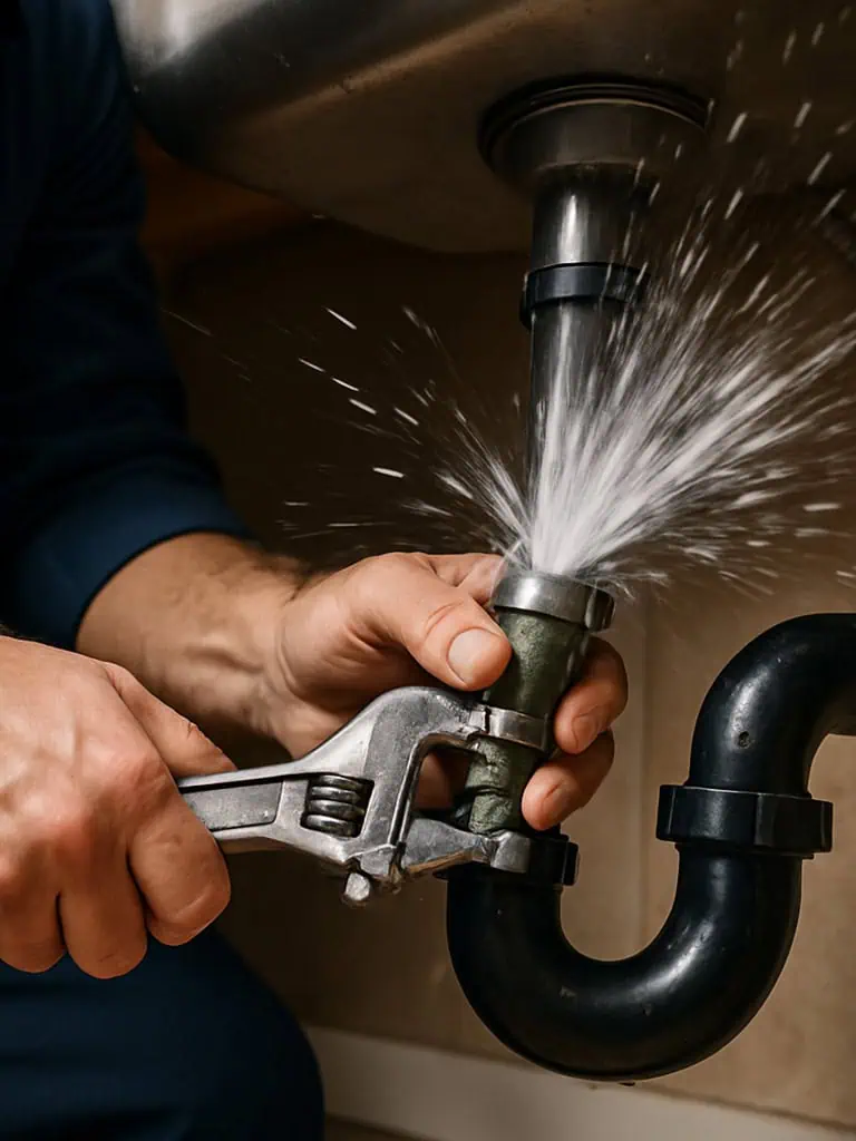 Emergency plumber in dark blue uniform responding to burst pipe flooding crisis in Mesa Arizona home with professional tools and water damage restoration equipment