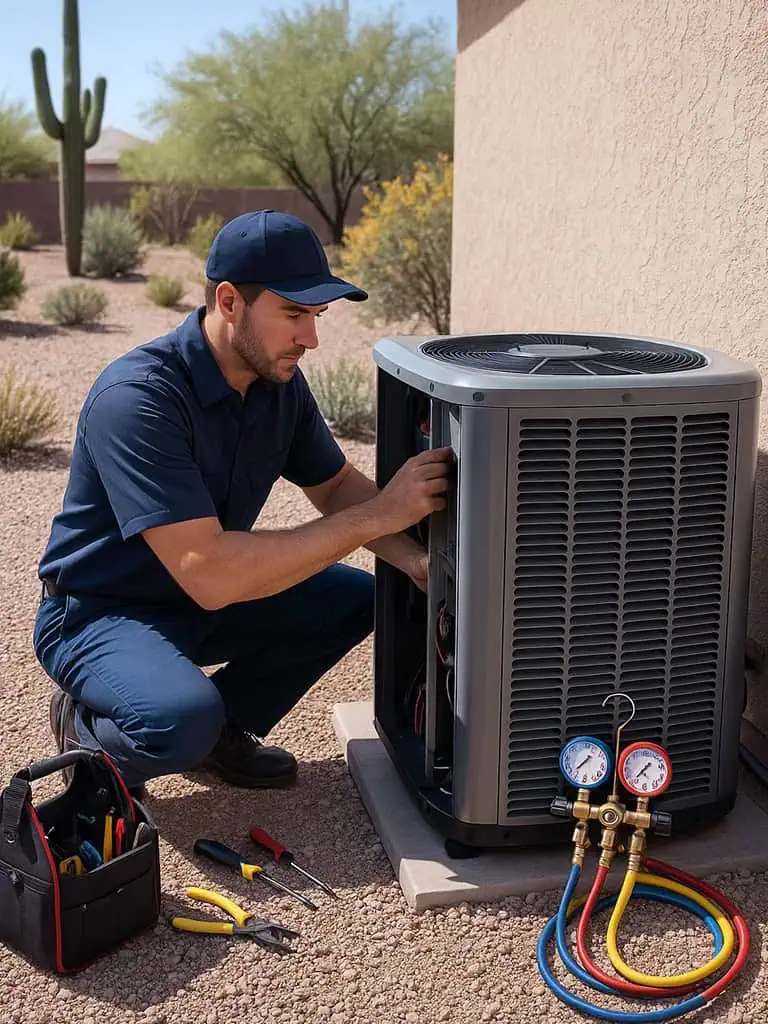 Professional licensed HVAC technician providing expert heating and cooling services in Gilbert Chandler Mesa Arizona with tools and van