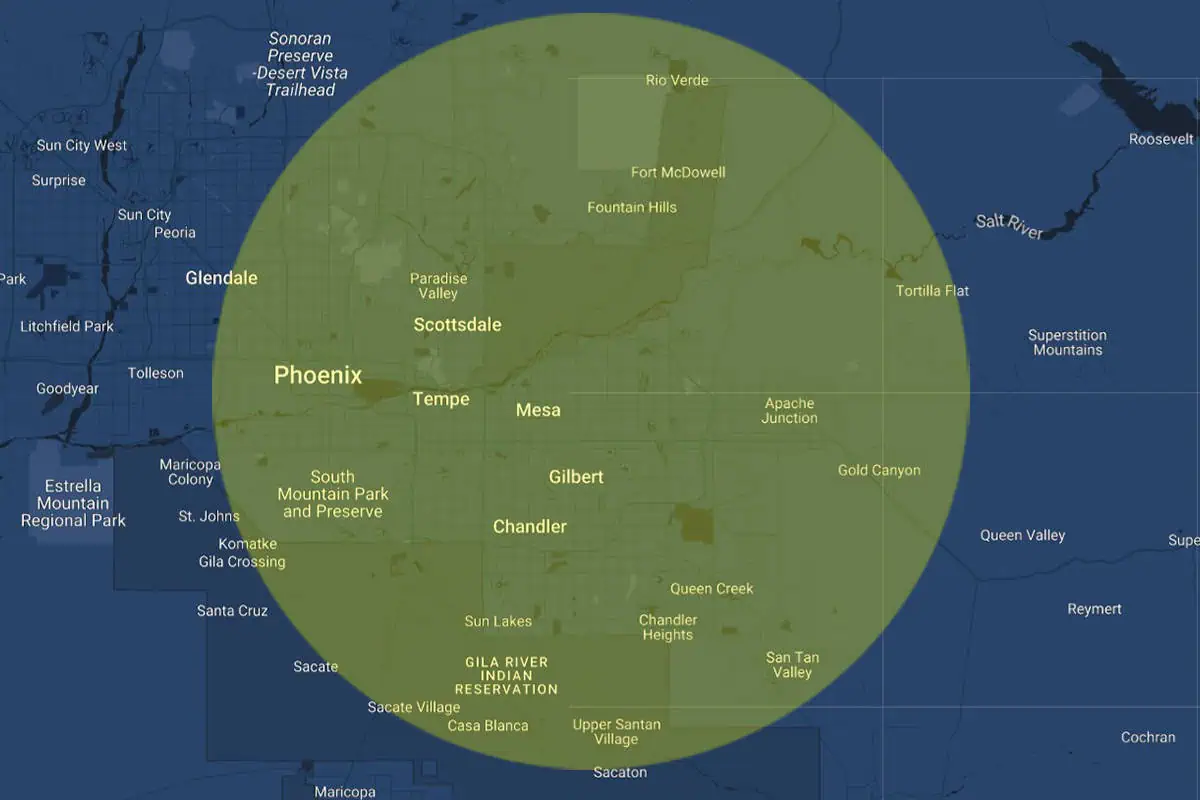 MyPro Services East Valley Service Area Map - 25-mile radius covering Gilbert, Chandler, Mesa, Scottsdale, Tempe and surrounding areas