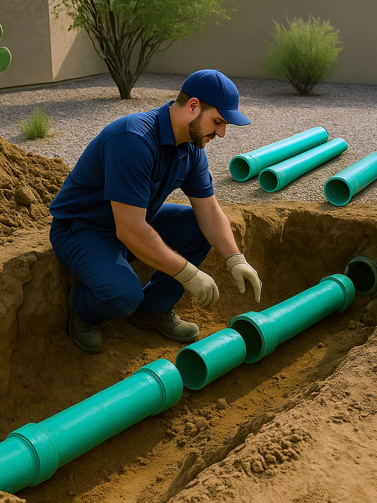 Professional sewer line repair technician using video camera inspection equipment Gilbert Chandler Mesa Arizona underground sewer system