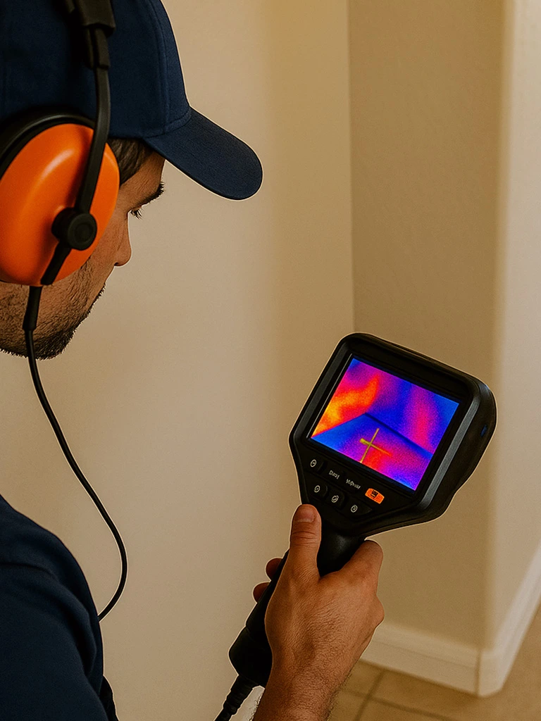 Professional slab leak repair service technician using detection equipment under concrete foundation in Gilbert Chandler Mesa Arizona home
