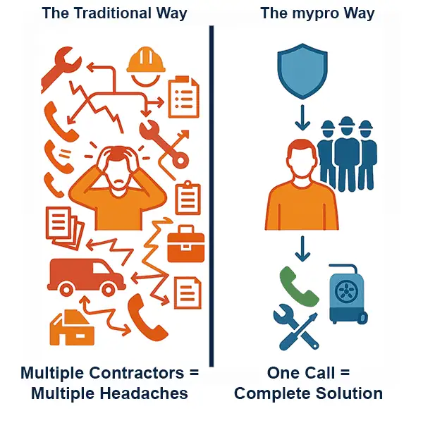 Water damage repair Gilbert AZ - MyPro Services one-call plumbing and restoration process vs traditional multiple contractor approach