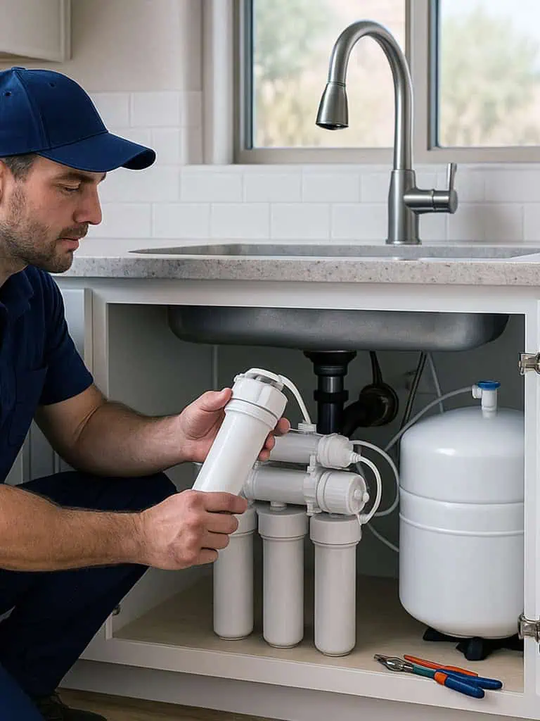 Professional water filtration system installation with reverse osmosis and whole house filters in Gilbert Chandler Mesa Arizona home